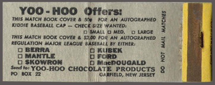 Yoo-Hoo Match Book Offers Autographed Baseballs & Caps