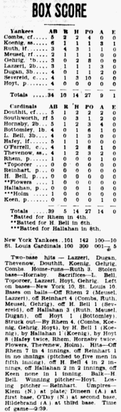 1926 World Series Game 4 Box Score