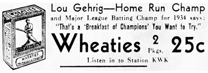 1935 Lou Gehrig Wheaties ad