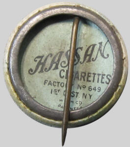 back of Hassan Cigarettes Baseball Comic Premium pin