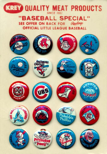 1967 Krey Meats ADV Premium Sales Baseball Pin Back Buttons & Full 20 Pin Set Promotion Card
