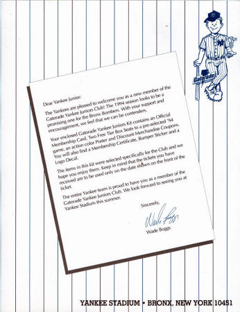 1994 Gatorade Yankee Juniors Club Welcome Letter