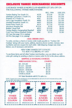 Gatorade Yankee Juniors Club Merchandise Discounts