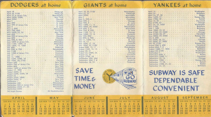 Dodgers Yankees Giants 1957 Go Subway Baseball Schedules