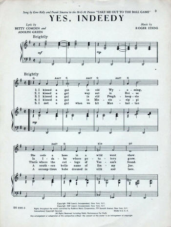 "Yes Indeedy" From MGM's Technicolor Musical "Take Me Out to the Ball Game" Sheet Music
