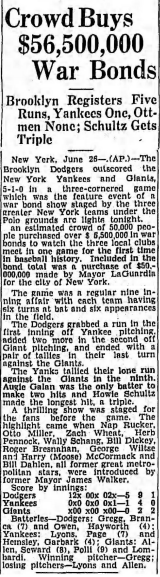 1944 Dodgers Yankees Giants Game Summery