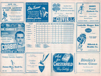 1945 Portland Beavers vs Seattle Rainers Official Scorecard