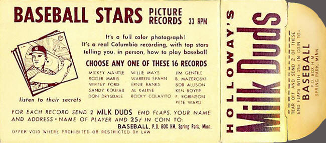 Milk Duds Auavision Baseball Stars Picture Record Offer