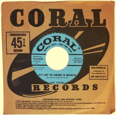Phil Foster Lets Keep The Dodgers In Brooklyn 45 RPM Record