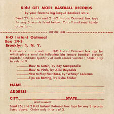 HO Instant Oatmeal Baseball Records Mail Order form