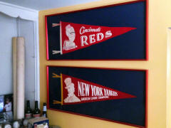 Yankees Reds Pennants baseball memorabilia display