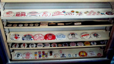 Vintage baseball memorabilia pin collectiom display
