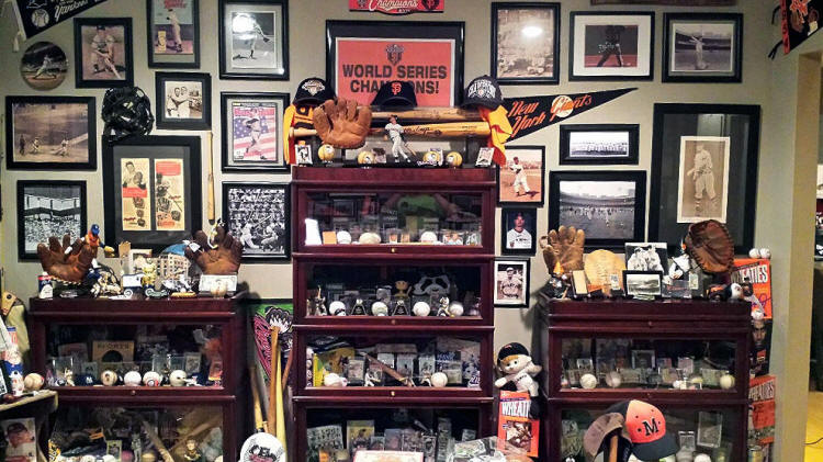 Vintage baseball memorabilia collection display room