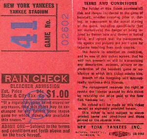 1970 Yankees Bleacher Ticket Stub