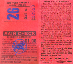 1972 Yankees Bleacher Ticket Stub