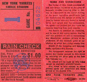 1971 Yankees Bleacher Ticket Stub