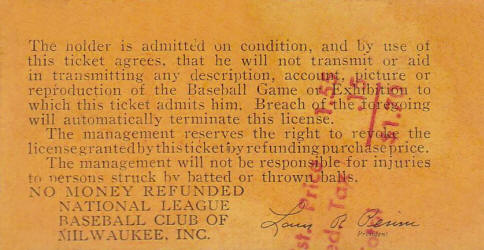 1954 ticket stub back with price adjustment stamp