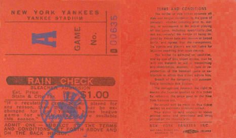 1973 Yankees Bleacher Ticket Stub