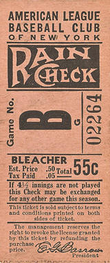 1939 Yankees Bleacher Ticket Stub Game No. B
