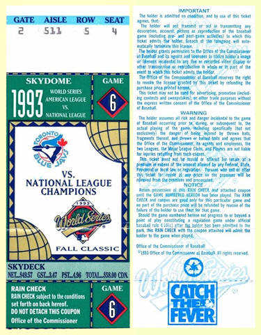 1993 World Series Ticket Skydome Toronto Blue Jays