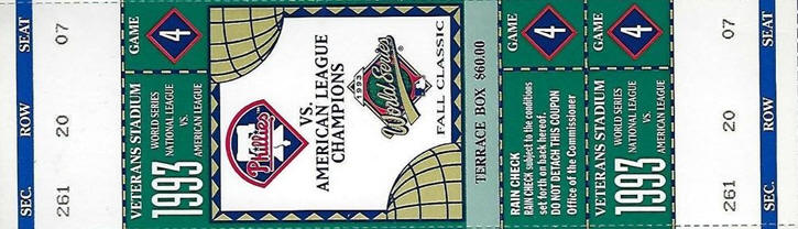 1993 World Series Phillies Full Ticket 