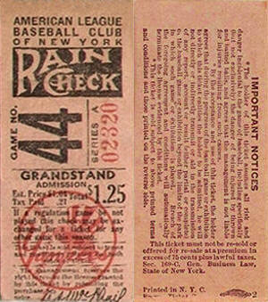 1947 Yankees Rain Check Ticket Stub