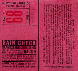 1954 Ynkees Rain Check Ticket Stub