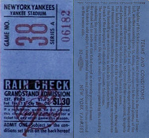 1958 Yankees Rain Check Ticket Stub