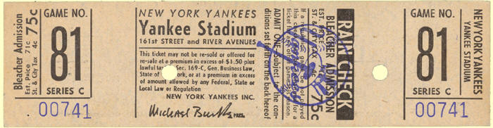 Mickey Mantle Last Career Hit Last Game at Yankee Stadium Full Ticket