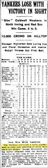Game 1 April 11, 1912 Box Score Pinstripes