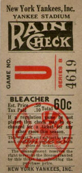 1949 Yankees Bleacher stub Game No. U