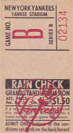 1965 Yankees No. B Grandstand Ticket Stub