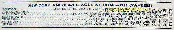 1935 Yankees Home Game Schedule