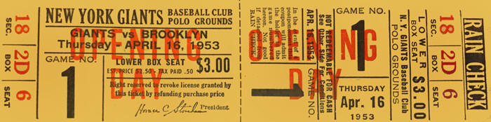 1953 Giants vs. Brooklyn Opening Day Polo Grounds Full Ticket