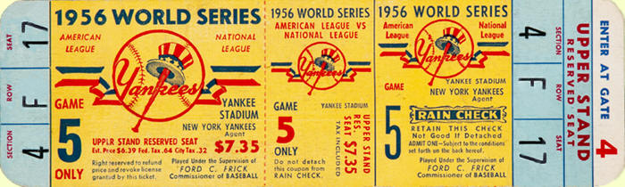 1956 World Series Game 5 Yankees Stadium Don Larsen's Perfect Game Ticket