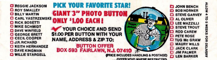 1981 Fleer Wax pack Giant Photo Button offer Reggie Jackson