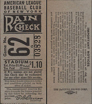 1939 Yankees Grandstand Rain Check Ticket Stub